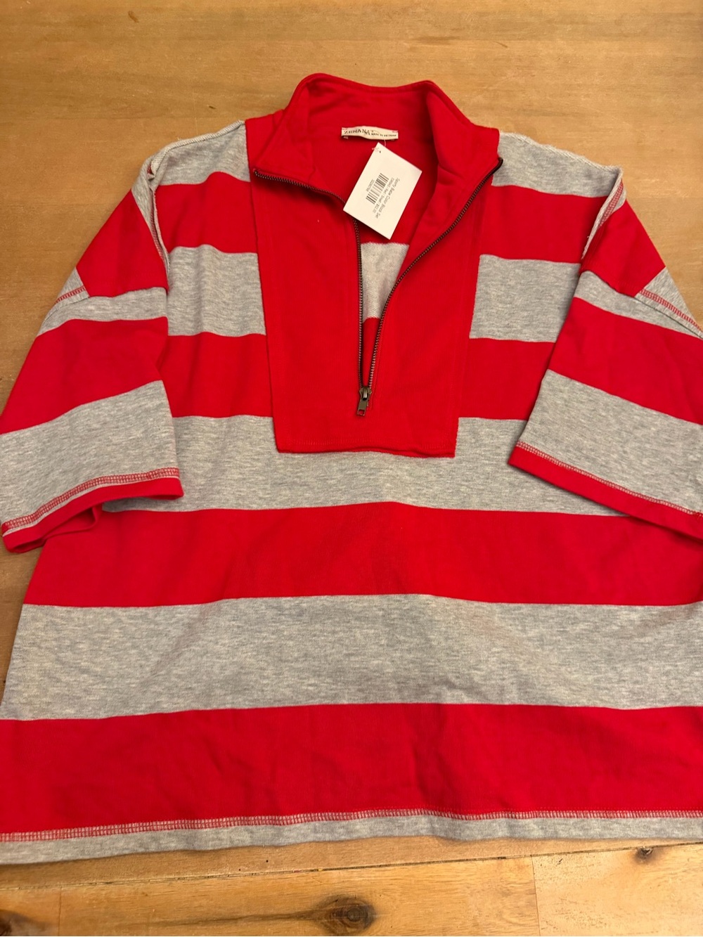 Zenana Outfitters Red and Gray Striped Half-Zip Sweatshirt